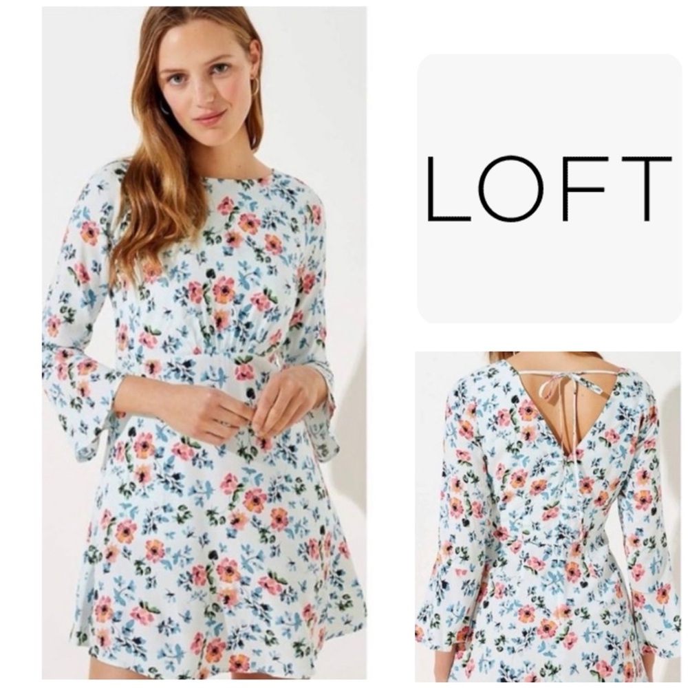 LOFT White Floral Dress with Tie-Back